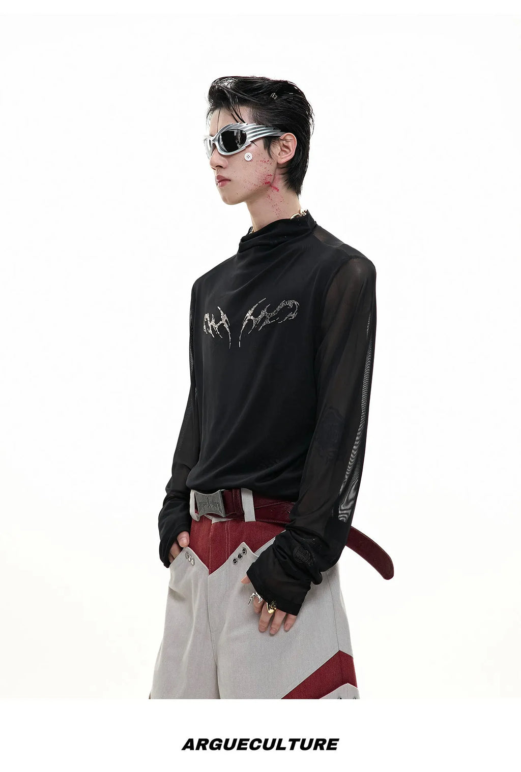 Men's black mesh long-sleeve shirt with a slim, close-fitting bottoming cut on a model.