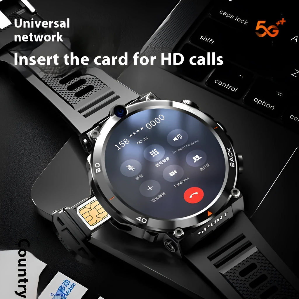 Multi-functional sports smartwatch with dual cameras on wrist, showing touch screen interface.