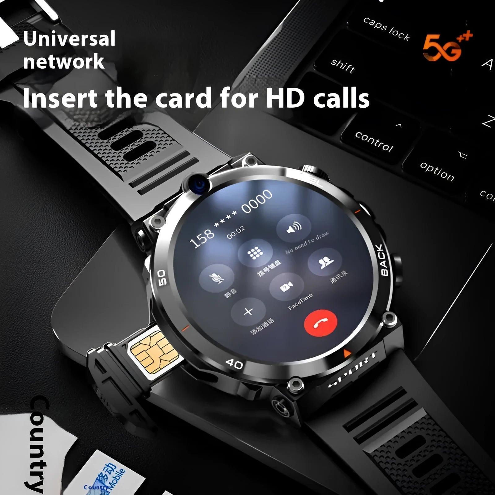 Multi-functional sports smartwatch with dual cameras on wrist, showing touch screen interface.