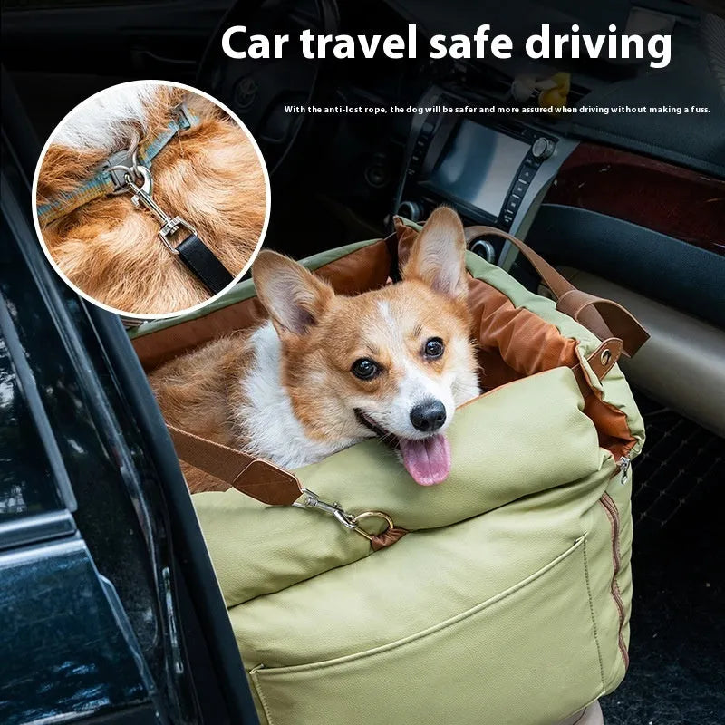 Portable cloth car kennel for cats showing brown colour option with removable washable cover