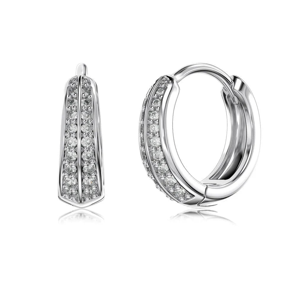 Round zircon gang drill stud earrings in 925 silver with gold electroplated finish on white background