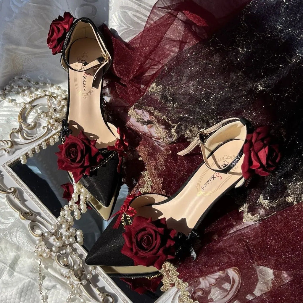 Ceremony Rose Chronicle satin pointed square toe high heels with shoe chain in black red colour
