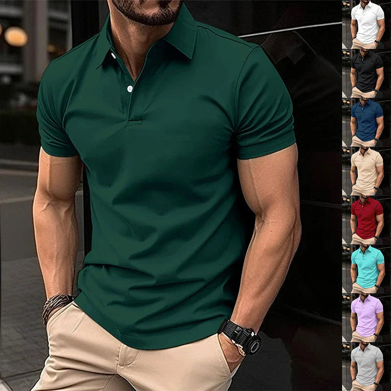 Men's short sleeve polo shirt in various solid color options, featuring a button-down collar and comfortable cotton-blend fabric