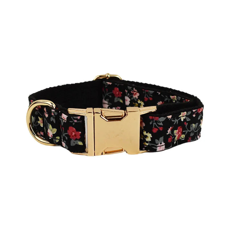 Four-piece dog accessory set showing removable bow collar, leash, vest and decorative bows in coordinated colours