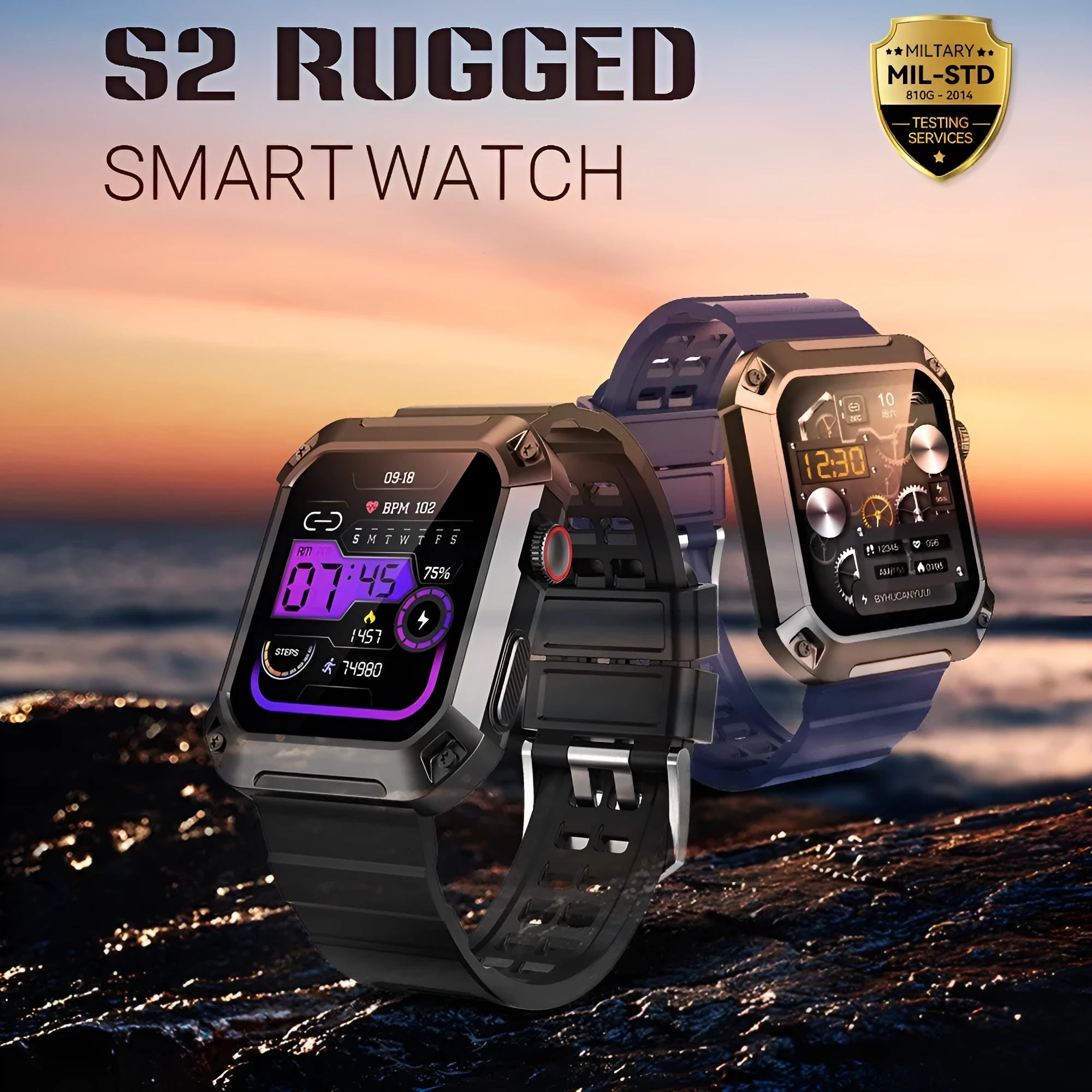 Smart watch with heart rate and blood pressure monitoring, 1.83-inch IPS screen, three-proof design, available in black blue and green
