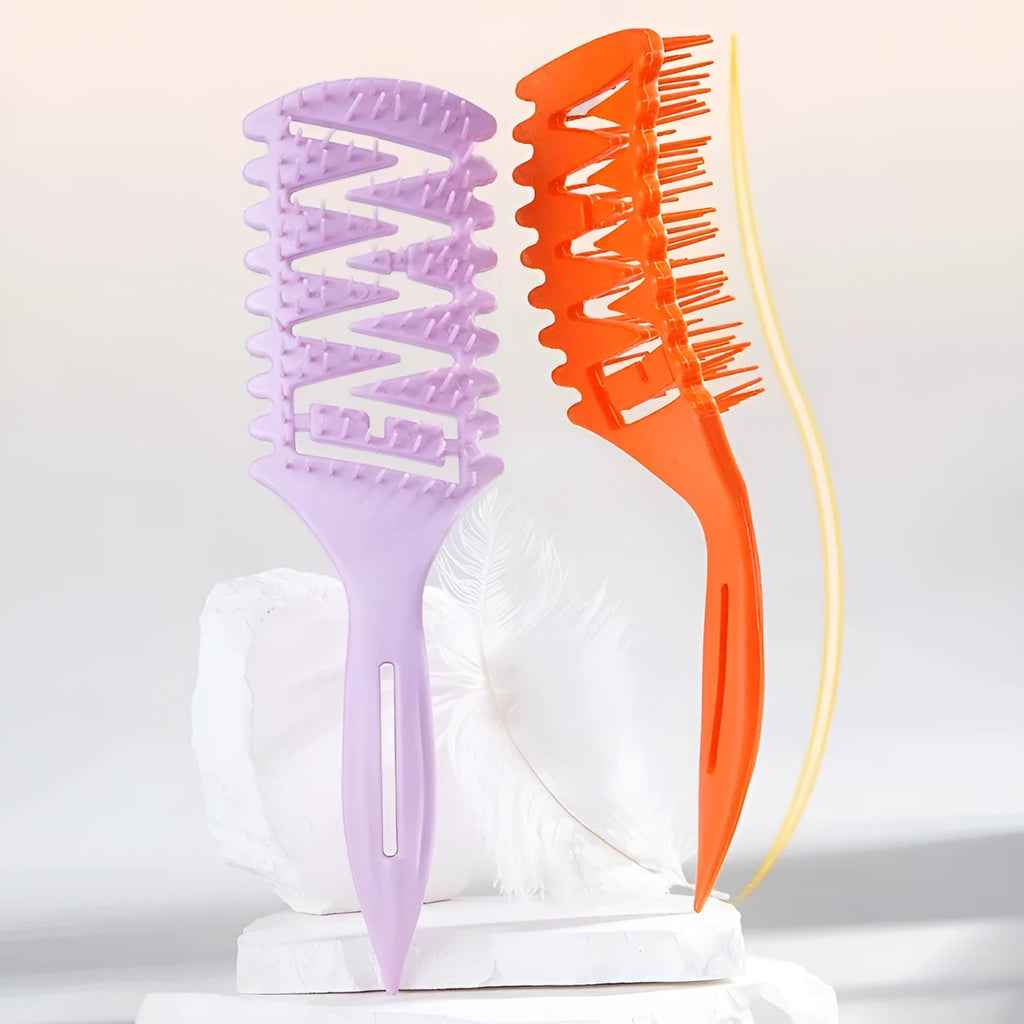 Fluffy high skull top styling comb in TPEE material over 20cm long on a plain background