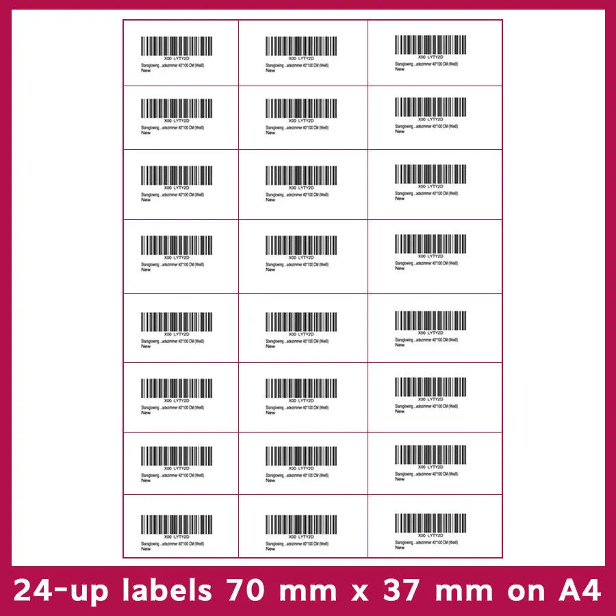 Pack of blank white A4 FBA label paper sheets showing different grid formats for barcodes.