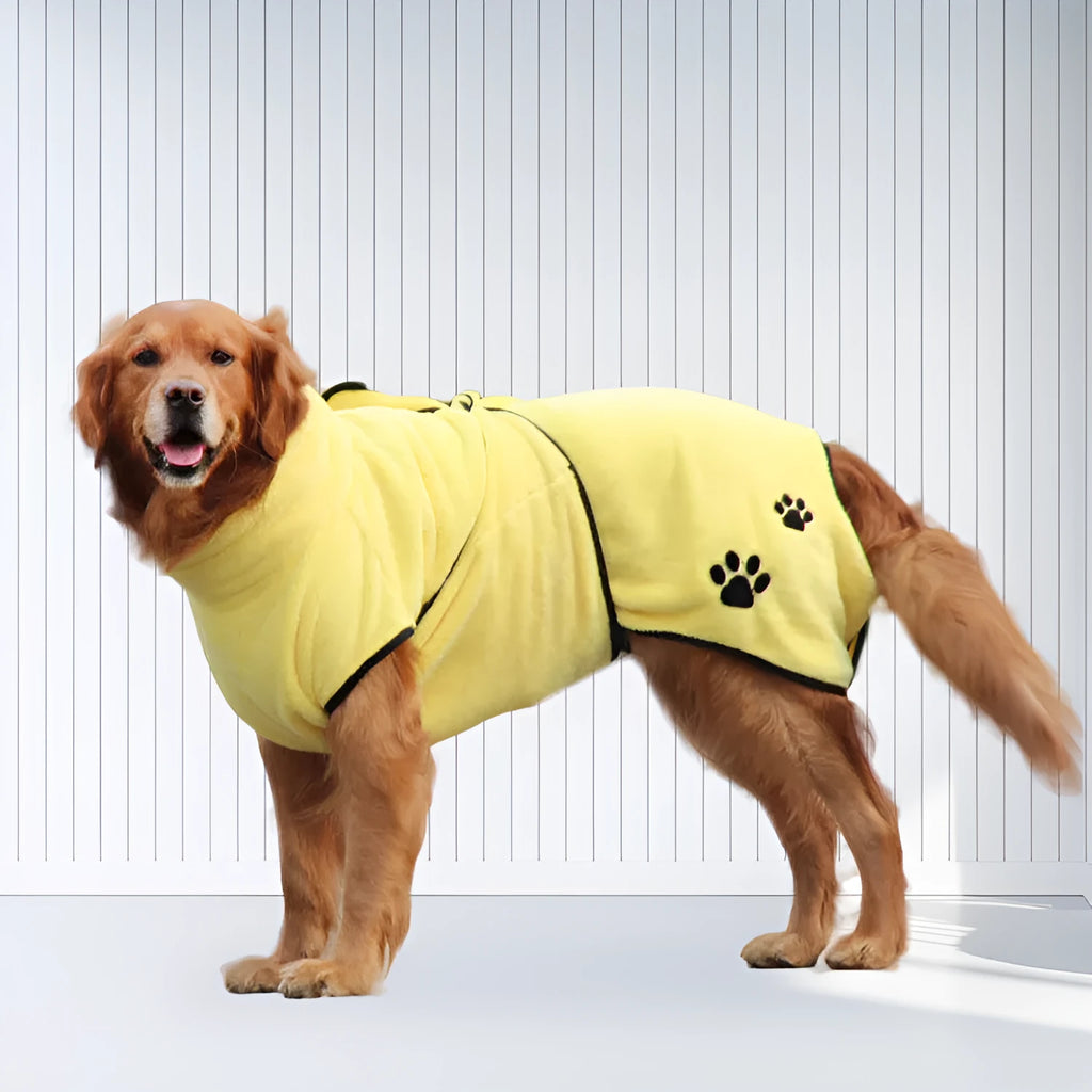 Yellow coral fleece pet pajamas with embroidered bathrobe design on a light background