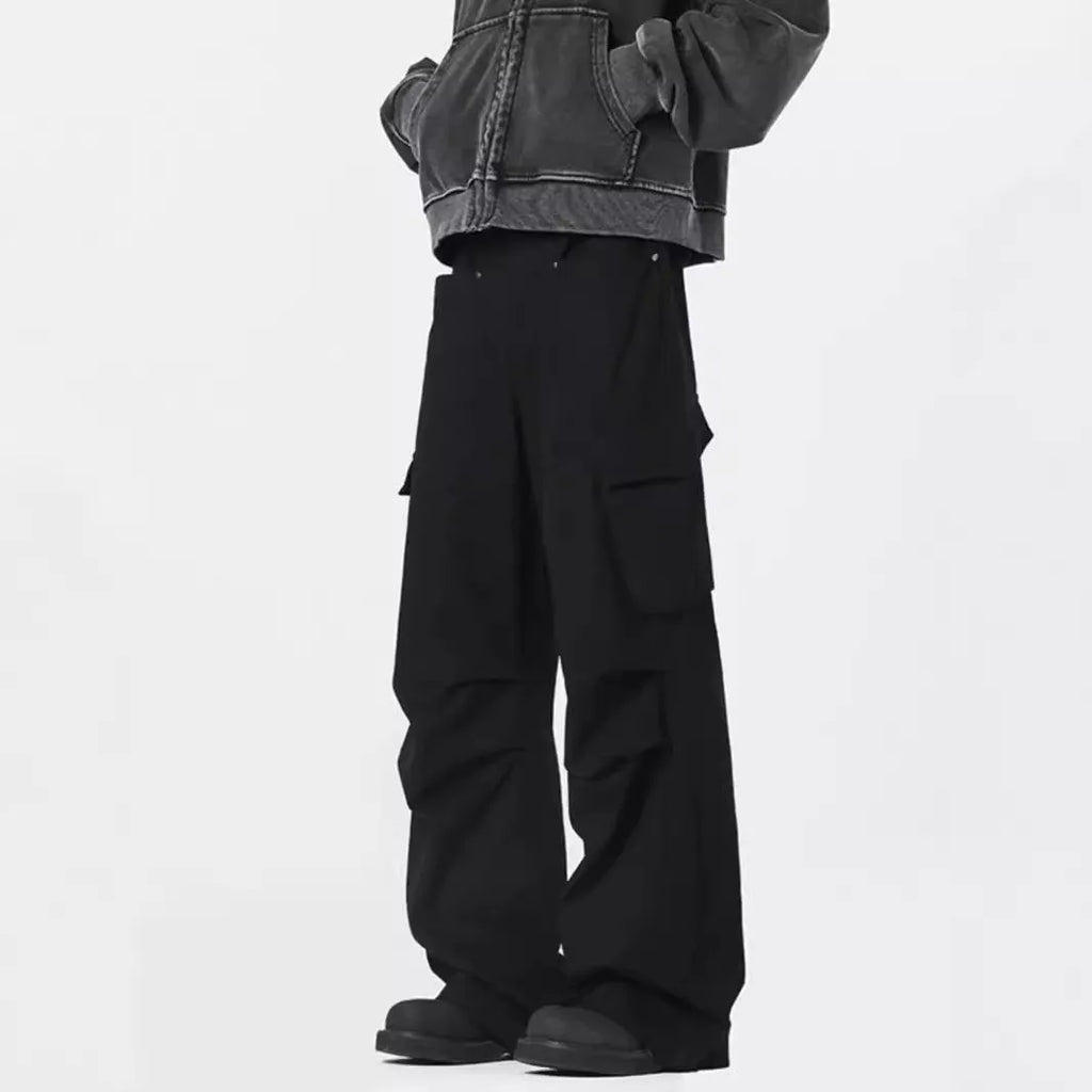 Men's retro straight leg trousers in black with high waist design and cardigan button fly