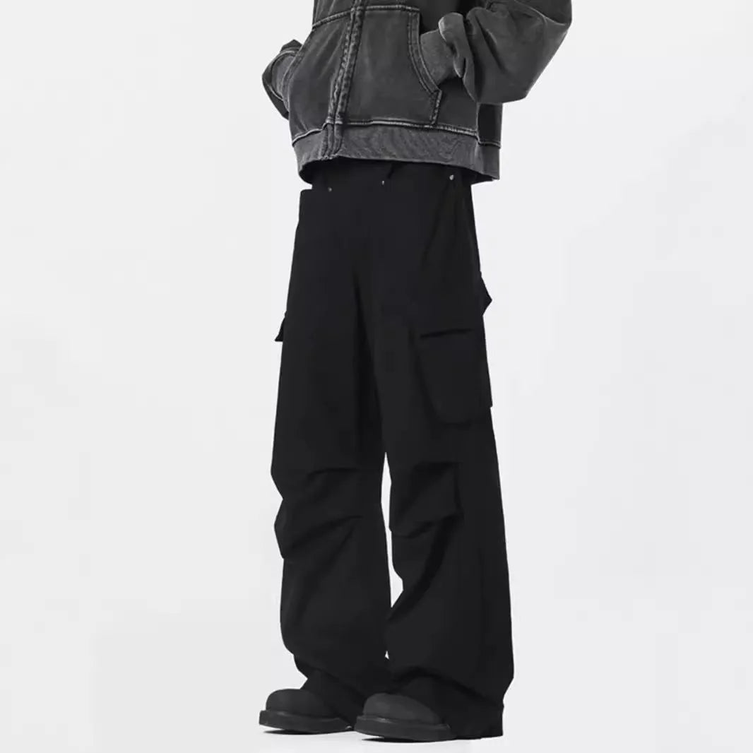 Men's retro straight leg trousers in black with high waist design and cardigan button fly