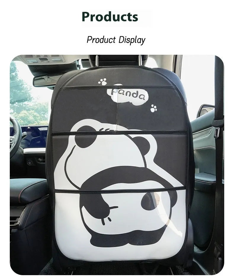 Large black and white leather Naughty Panda anti-kick pad for car backseat protection with cartoon design