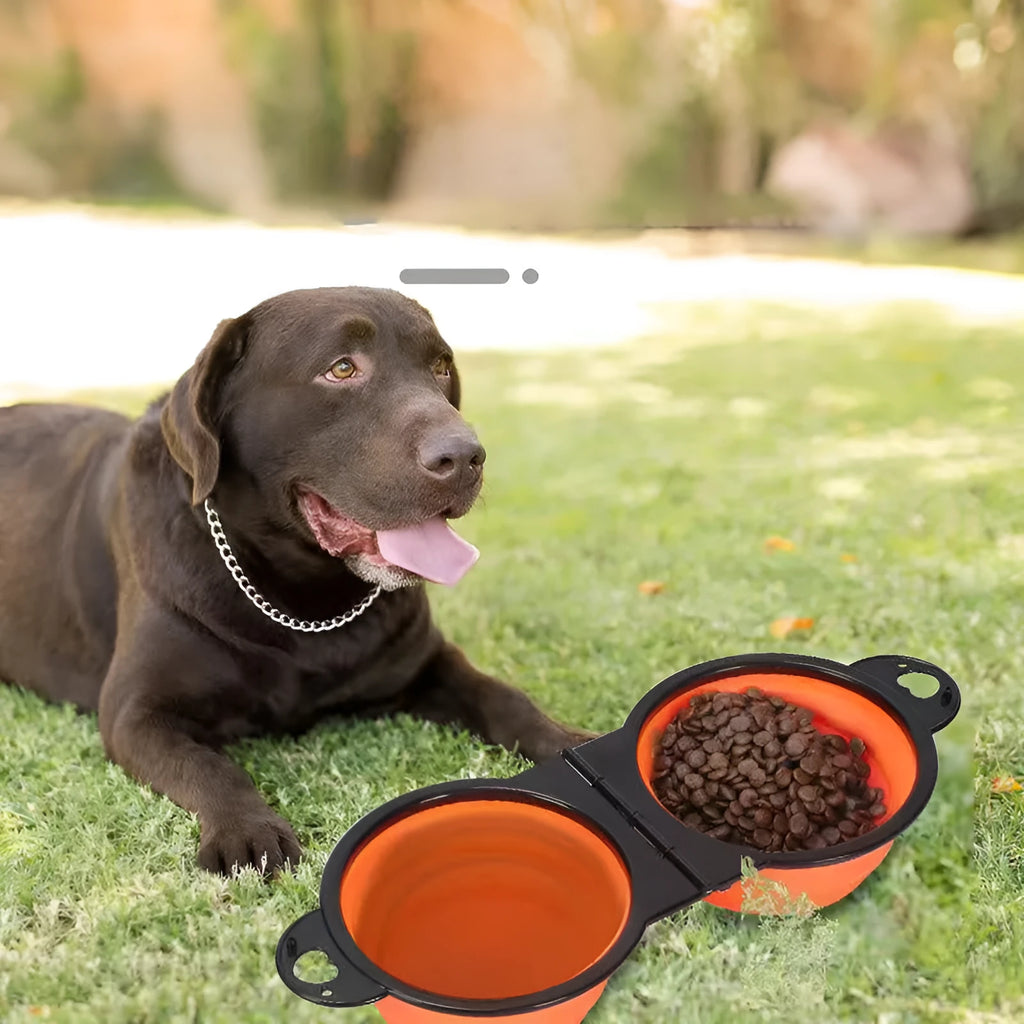 Blue folding silicone pet bowls collapsed and expanded with non-slip mat for dogs and cats