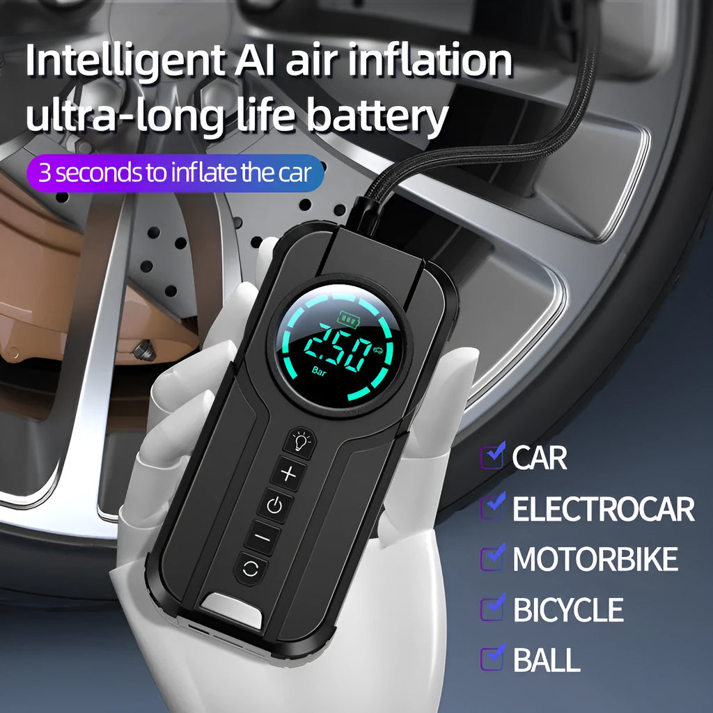 Portable wireless car tyre inflator pump with battery, accessories, and storage bag on a grey background