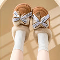 Women's ribbon bow half slippers in khaki with thick EVA sole and artificial wool lining