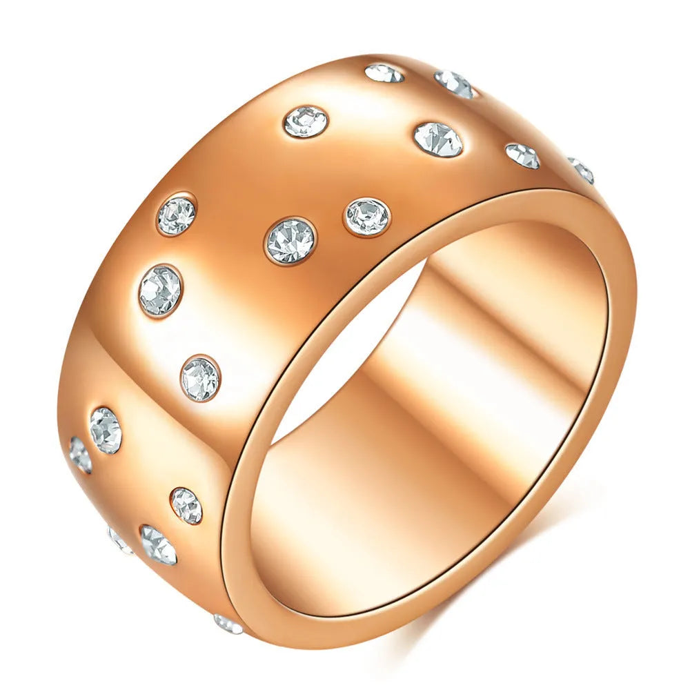 Titanium steel women's couple ring with diamond treatment in a geometric design, showing colour options.
