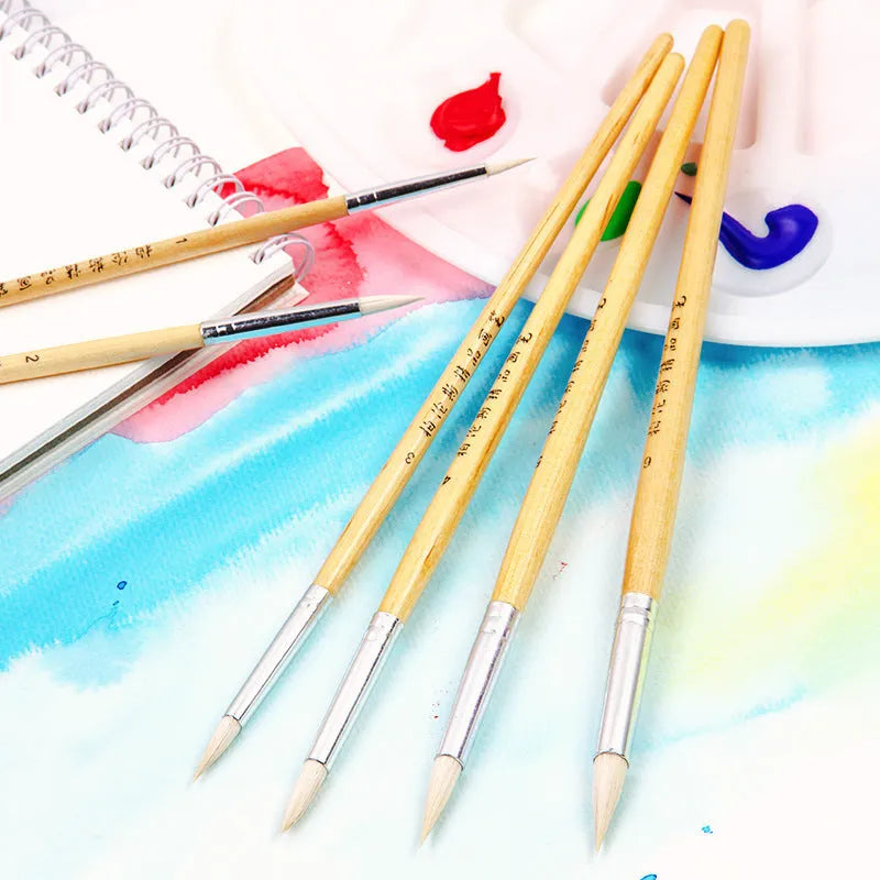 Wooden pen brush set containing six artist brushes with pointed hook line handles