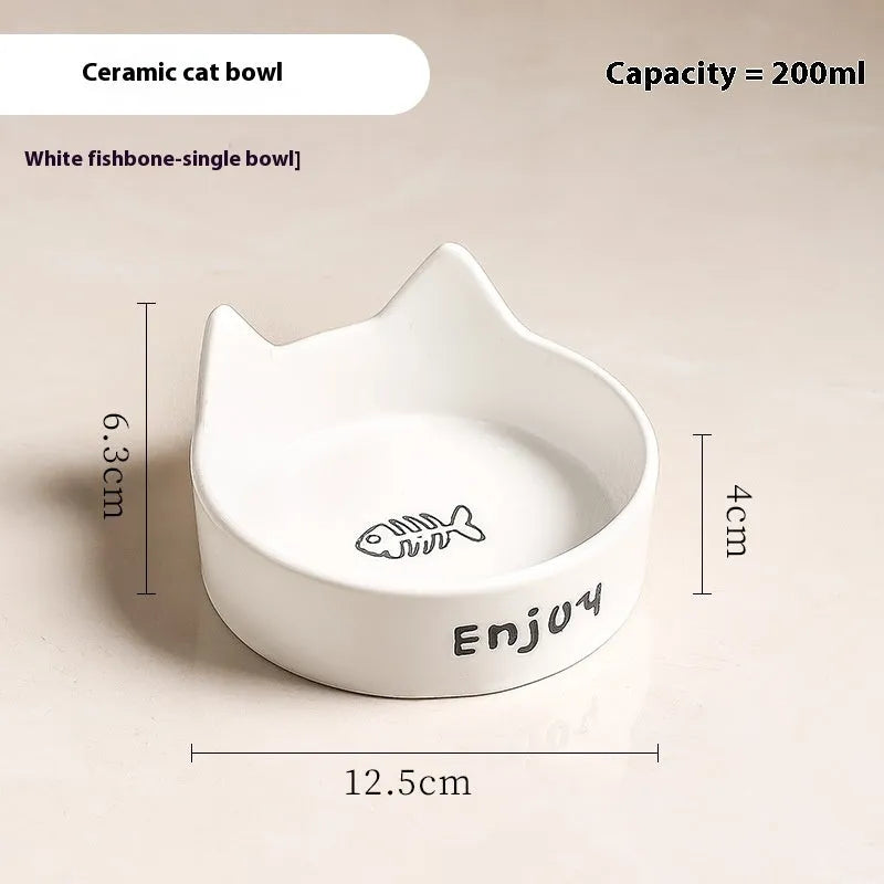 Porcelain cat bowl with cat ears rim and wooden anti-tumble frame in selected colour