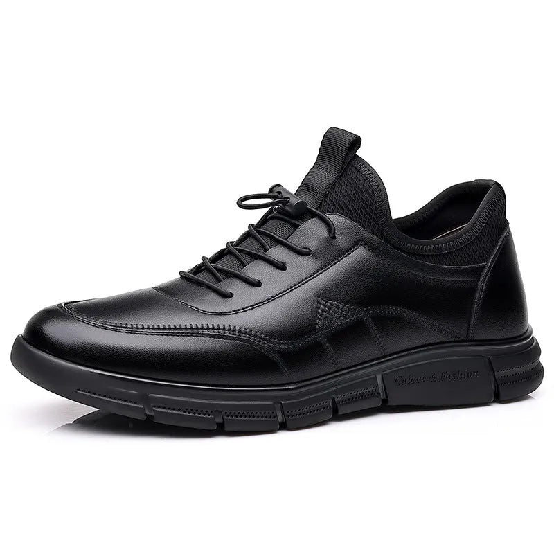 Black men's casual leather slip-on shoes with square low heel and rubber sole