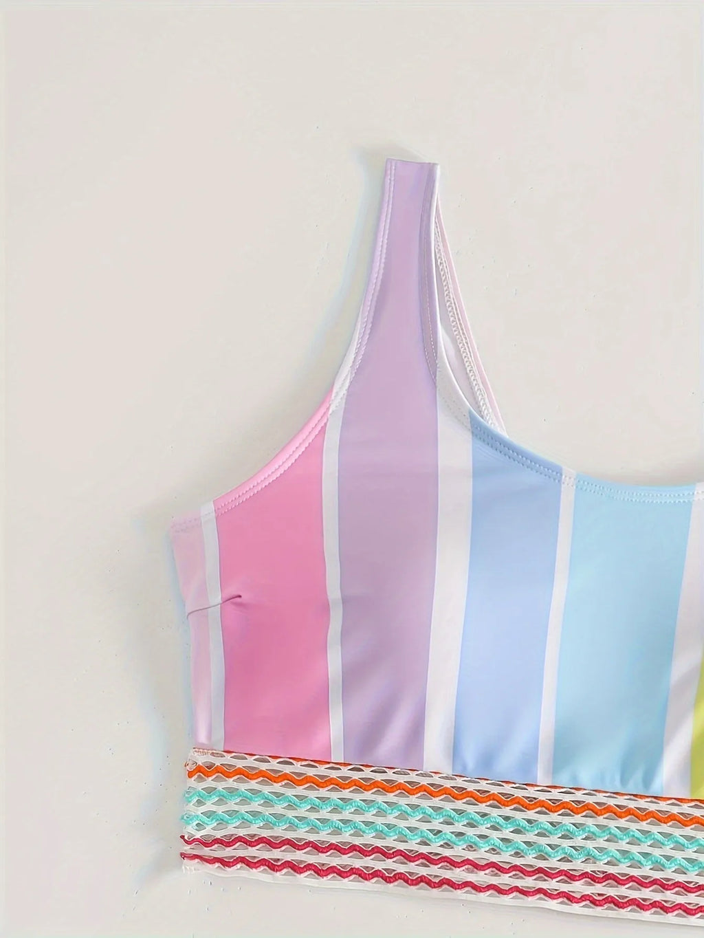 Women's striped bikini set in picture colour, briefs style with spandex lining.