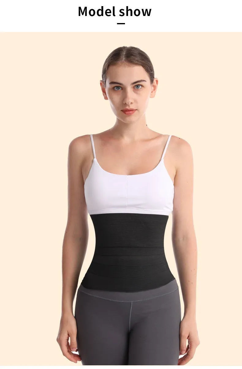 Latex silk waist trainer exercise belt on a 10cm width roll, showing its thickening polyester fabric.