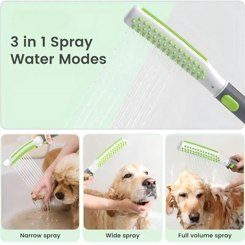 Dog bathing brush showerhead with ABS handle, shown in five colour options including green and white and blue and gray.