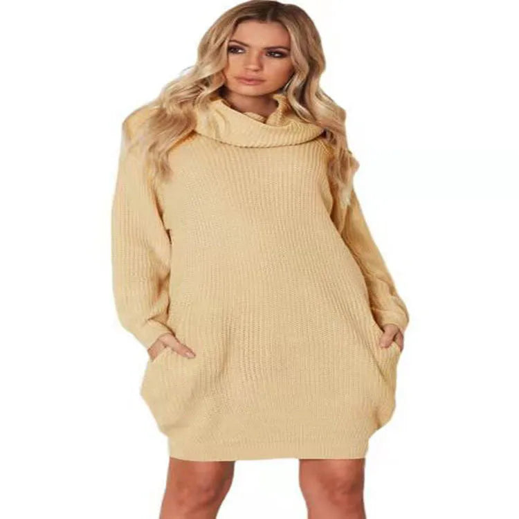 Ladies' mid-length pullover sweater with pocket in imitation cashmere fabric