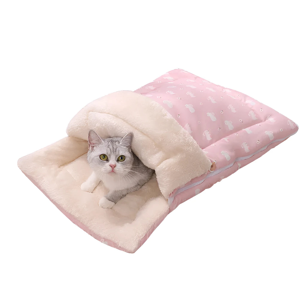 Cat sleeping bag with detachable mat and foldable design in pink colour