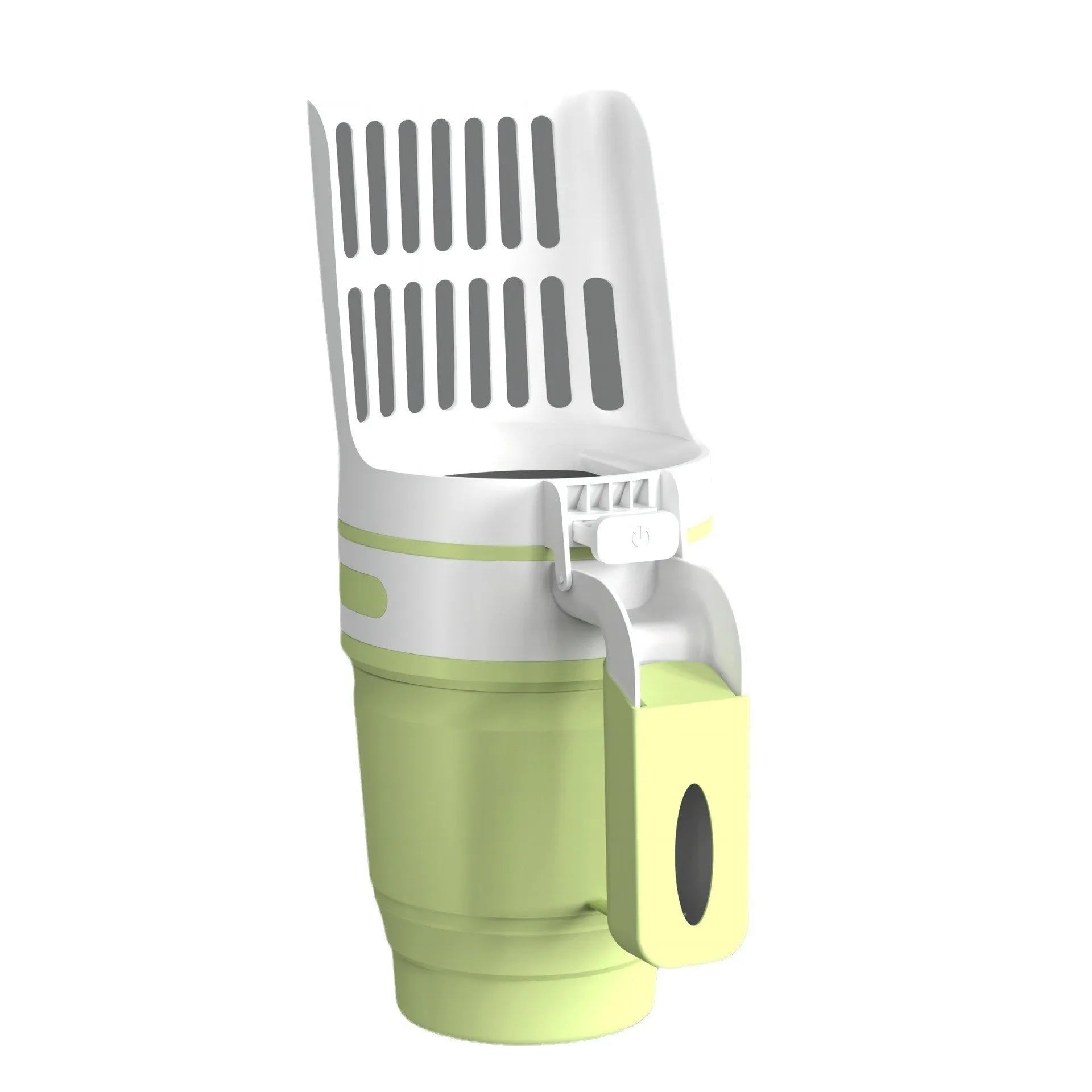 Grey 2-in-1 cat litter scoop with non-slip handle and foldable base on a floor