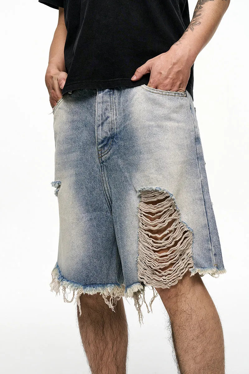 Light blue retro washed men's baggy denim shorts with wide leg cut