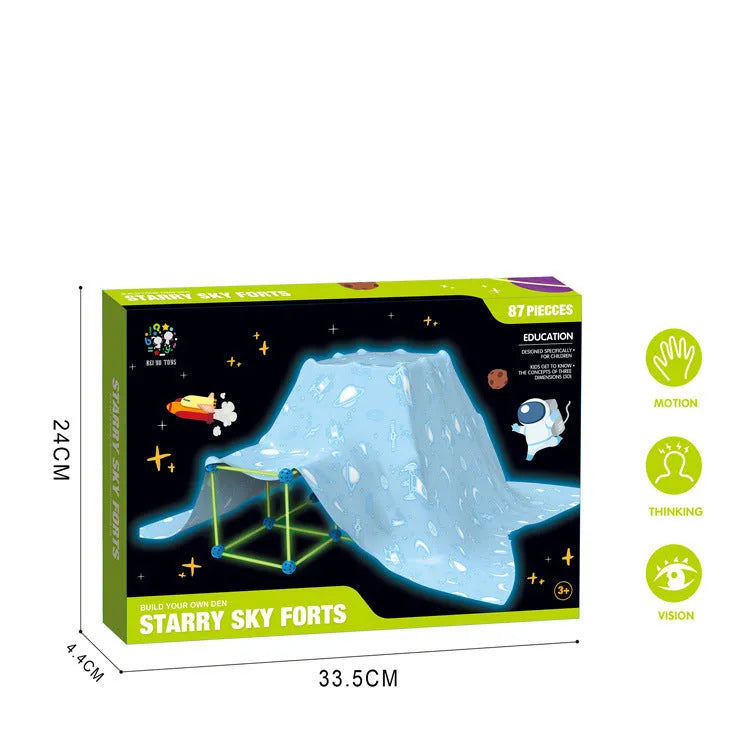 Luminous children's fort building kit with plastic rods, balls, and storage bag assembled into a play tent