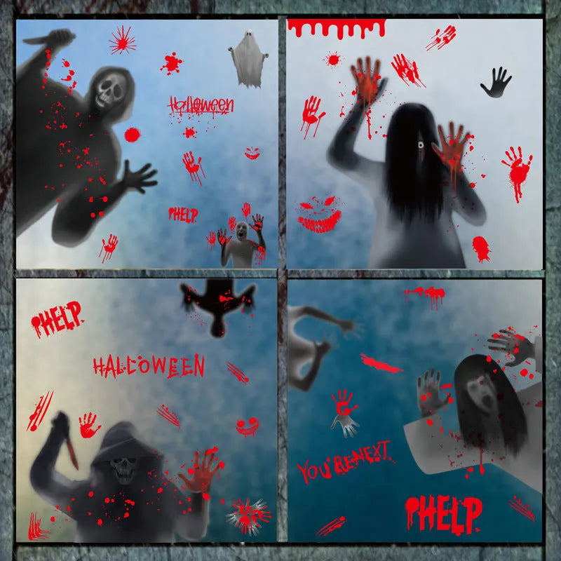 Halloween electrostatic sticker set with female ghost and skull motifs on window