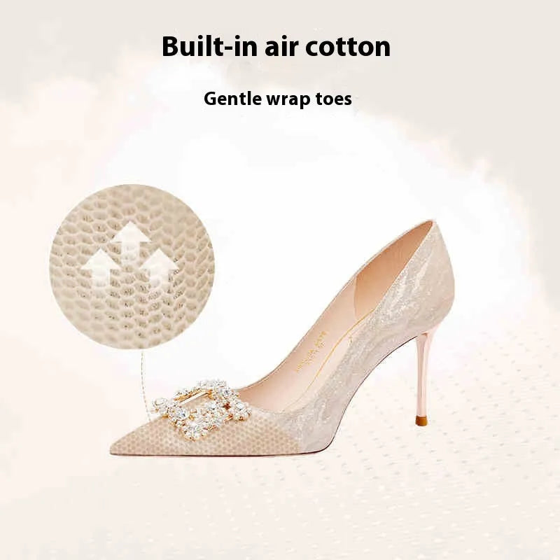 Champagne gold women's high heel pumps with pointed toe and slender stiletto heel on a rubber sole