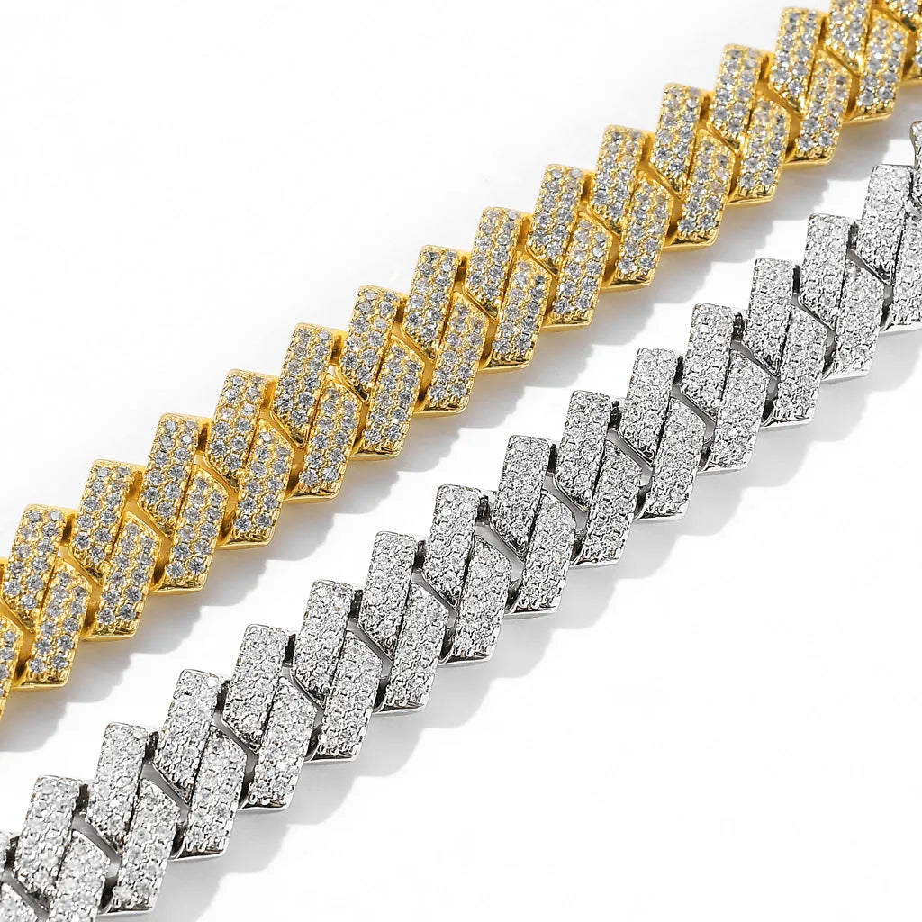Gold finish 14mm bar Cuban copper chain with micro-inlaid zircon stones on white background