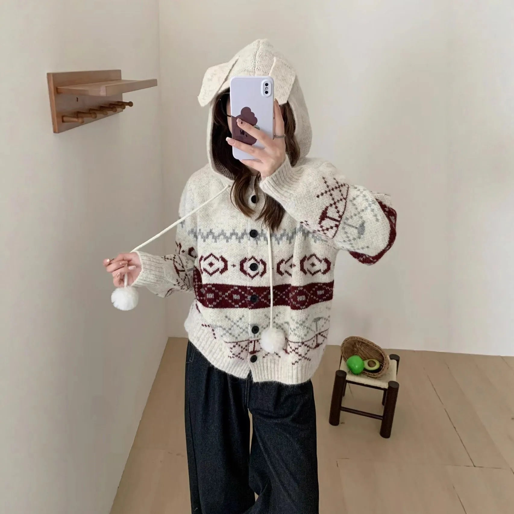 Beige geometric pattern brocade sweater coat for women, loose fit with long sleeves.