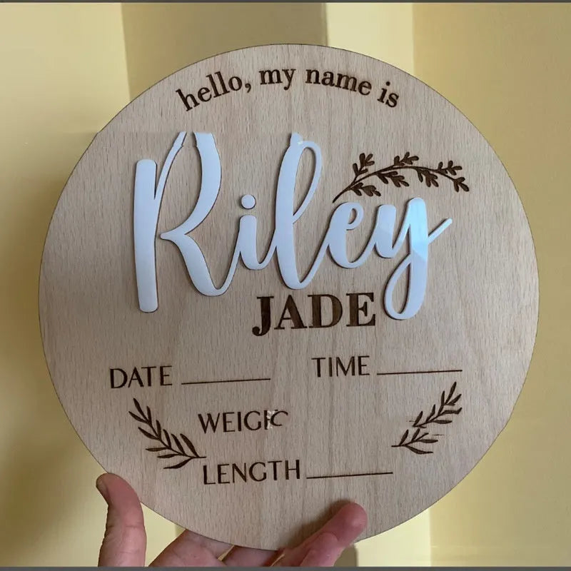 Square wooden baby name plaque showing birth information with 15cm dimensions