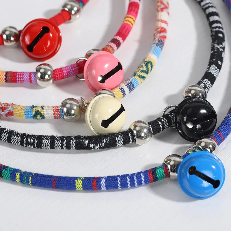 Ethnic pattern pet collar with bell in multiple colours for cats and small dogs