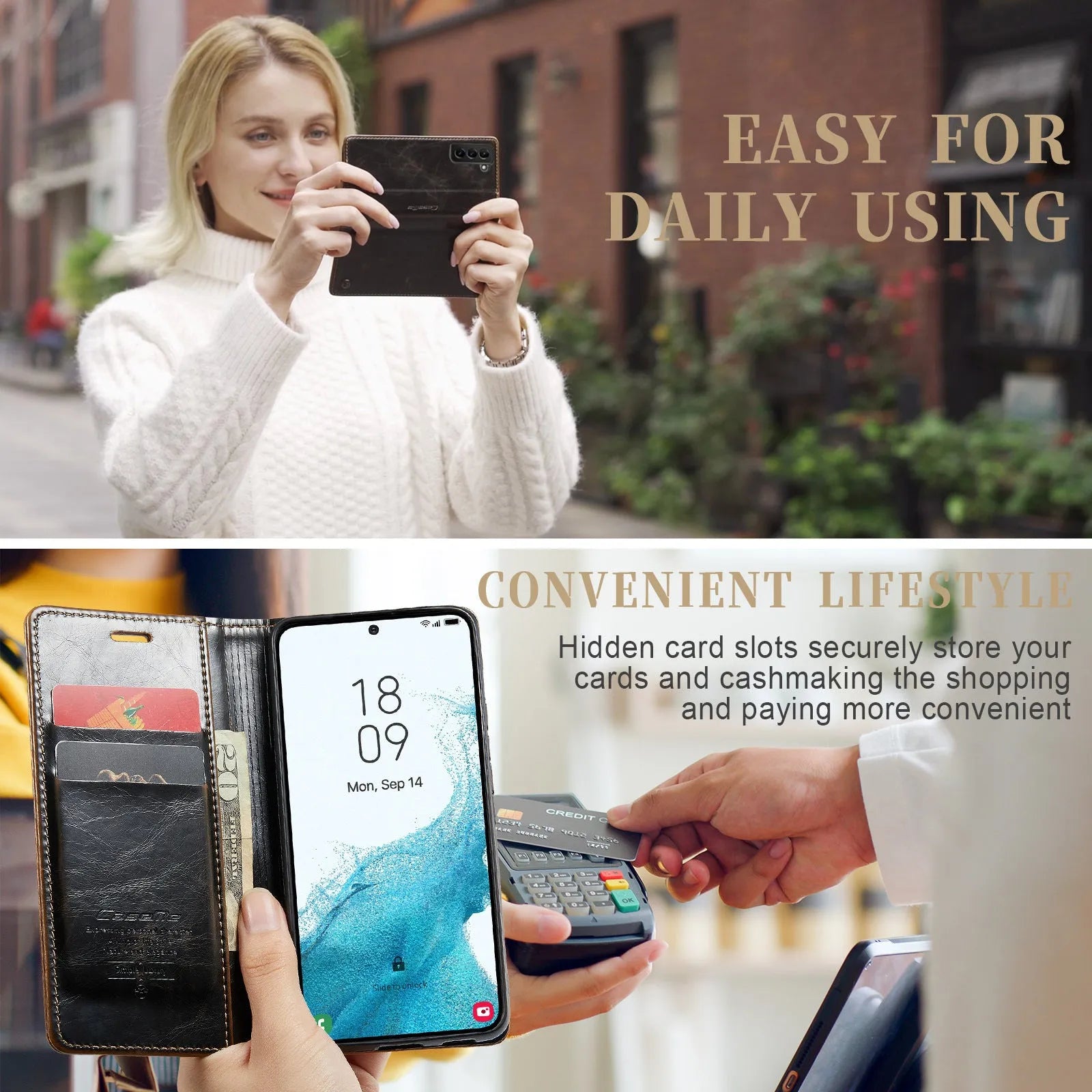 Samsung A55 black PC leather card flip phone case with magnetic closure and stand