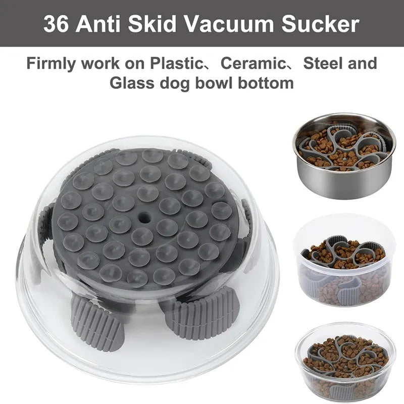 Red silicone dog slow feeder insert with spiral design and suction cup base