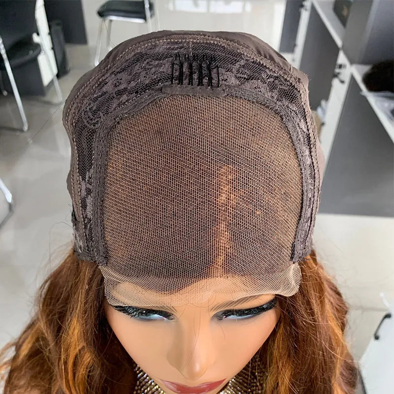 4x4 closure big wave bob wig in brown real hair, hand-woven, 20 inch medium and long length