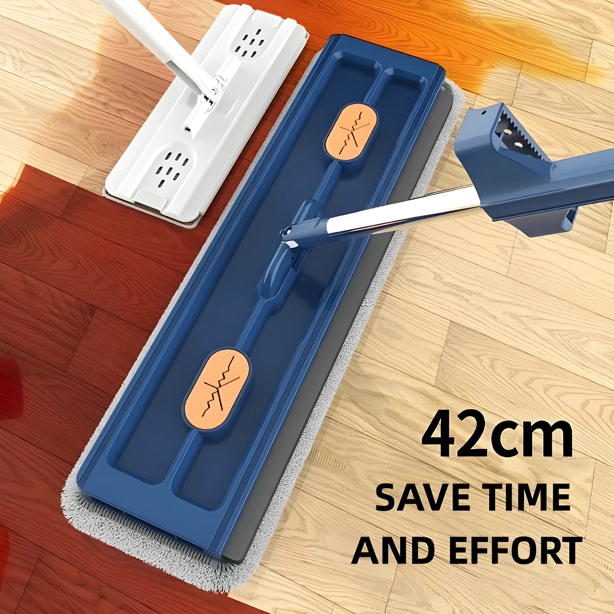 Large flat mop with stainless steel long handle and blue cloth showing 360-degree rotating head mechanism