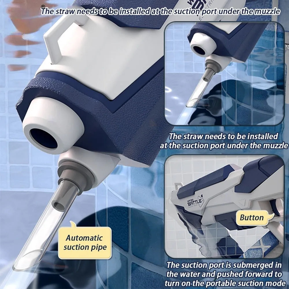 Blue plastic electric water gun with USB charging cable and 358ml water capacity for outdoor use.