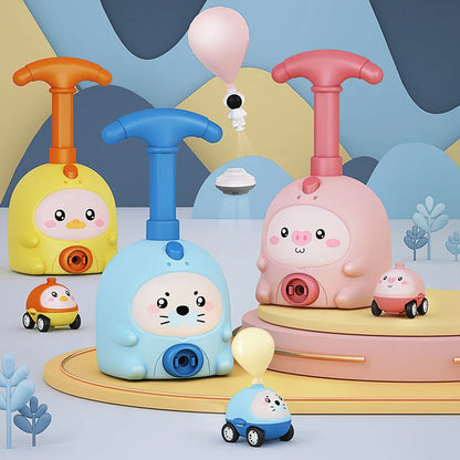 Colorful balloon-powered car toy with various animal designs, featuring a launch tower and balloons for children to propel the car using air power