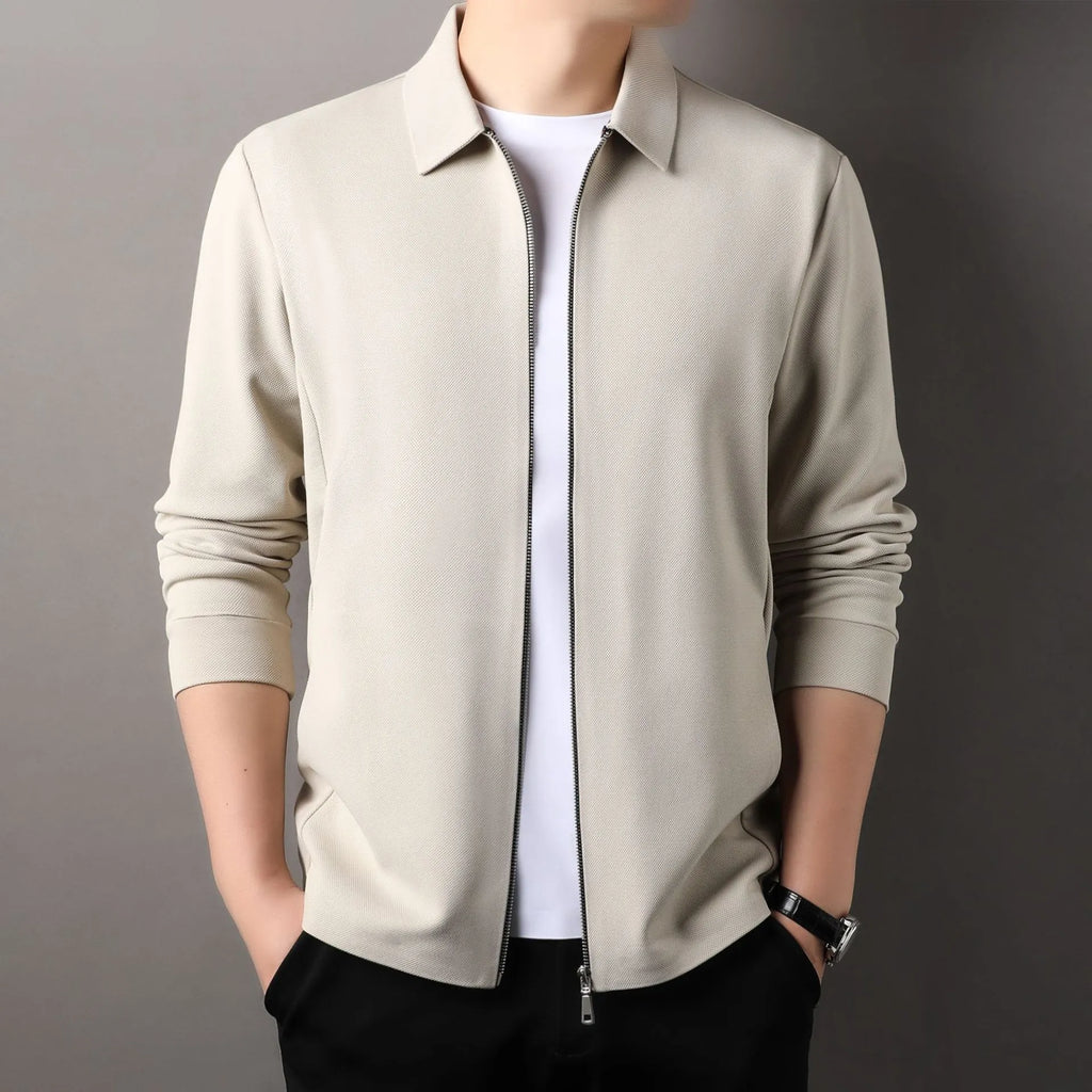 Men's apricot polyester business casual jacket with long sleeves and straight hem.