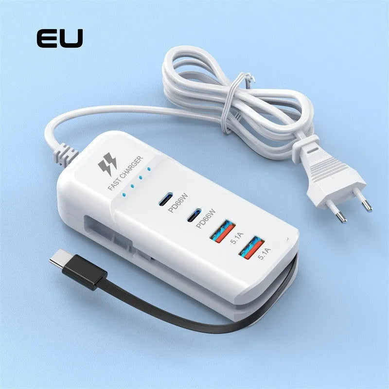 White multi-port power strip with USB interface, Type-C line, and PD charger version, available with EU or US power supply