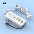 White multi-port power strip with USB interface, Type-C line, and PD charger version, available with EU or US power supply