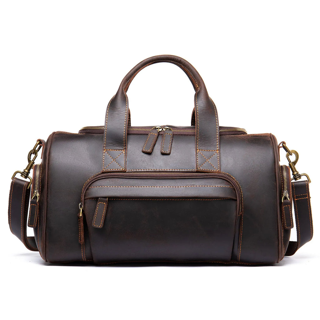 Leather men's hand luggage bag large capacity retro coffee colour with shoulder strap