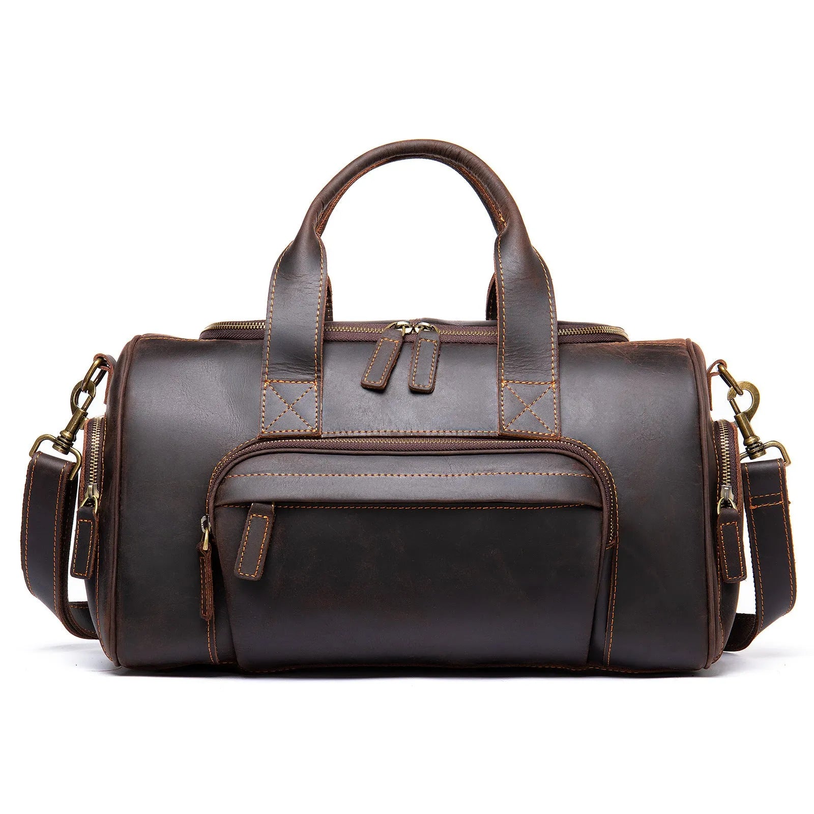 Leather men's hand luggage bag large capacity retro coffee colour with shoulder strap