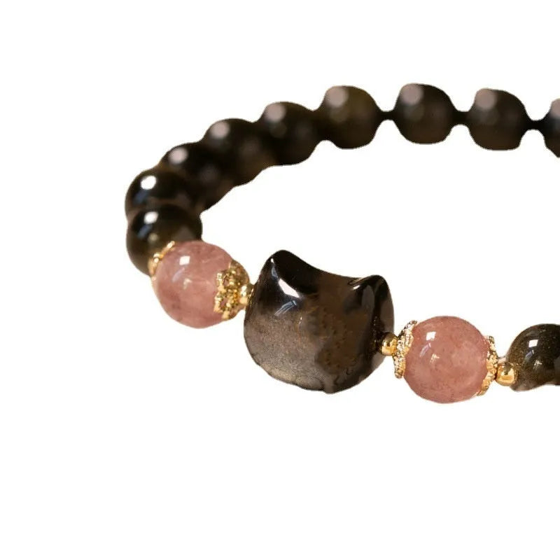 Black obsidian bracelet with 8mm beads and cat accessories on elastic cord