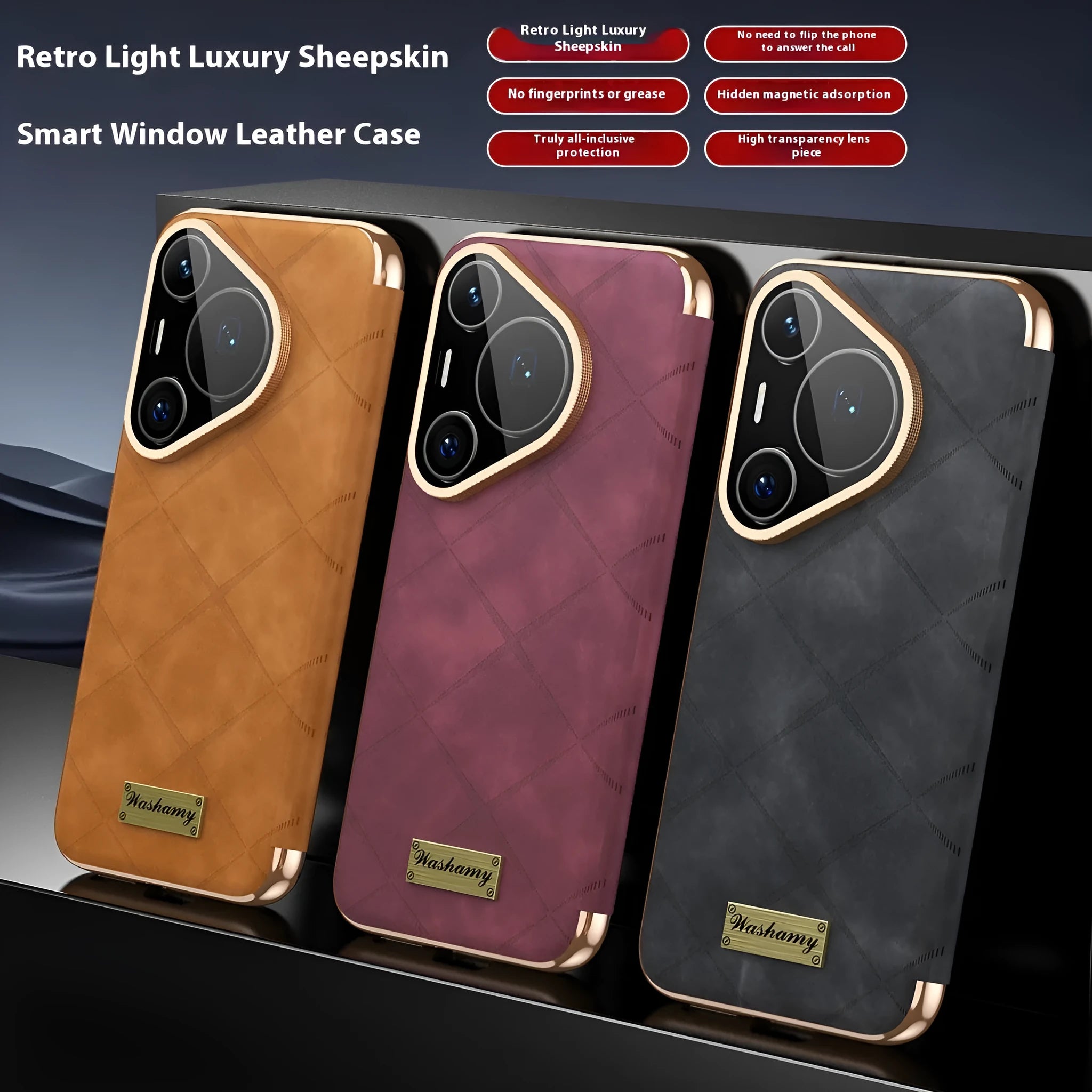 Huawei phone case with electroplated diamond grid pattern on embossed imitation leather.