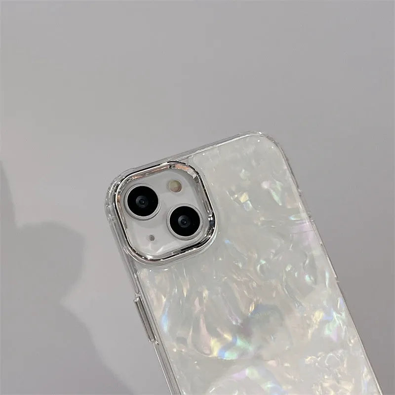Fantasy shell pattern TPU phone case with epoxy finish for iPhone models, white colour option shown